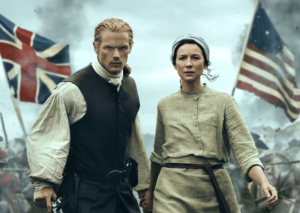 Outlander stars Sam Heughan (Jamie Fraser) and Caitriona Balfe (Claire Fraser) in key art from season 7