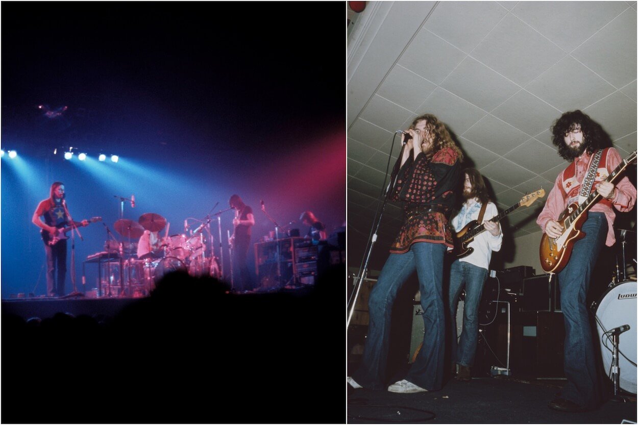 Pink Floyd performing in concert in 1973; Led Zeppelin on stage in England in 1969.