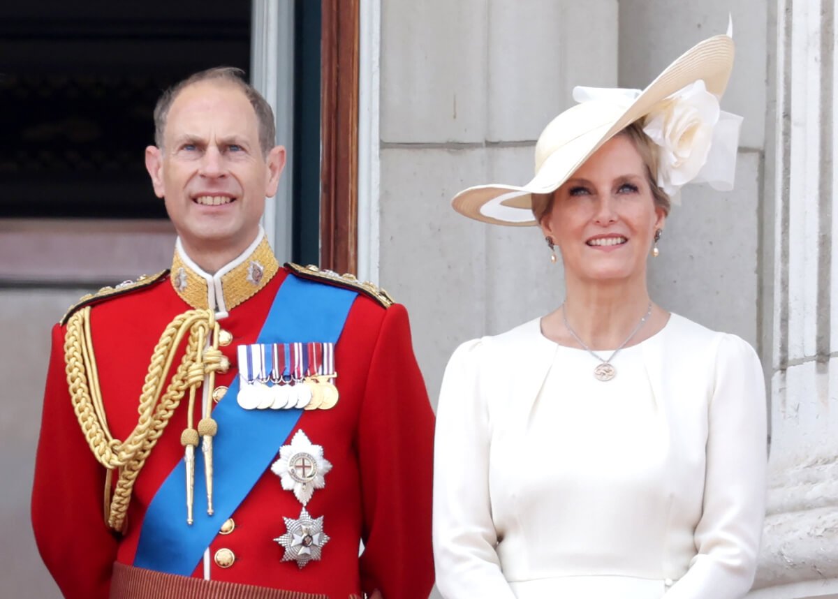 Sophie, Duchess of Edinburgh and Prince Edward, Duke of Edinburgh watch the fly-past on the Buckingham Palace balcony during Trooping the Colour on June 17, 2023 in London, England