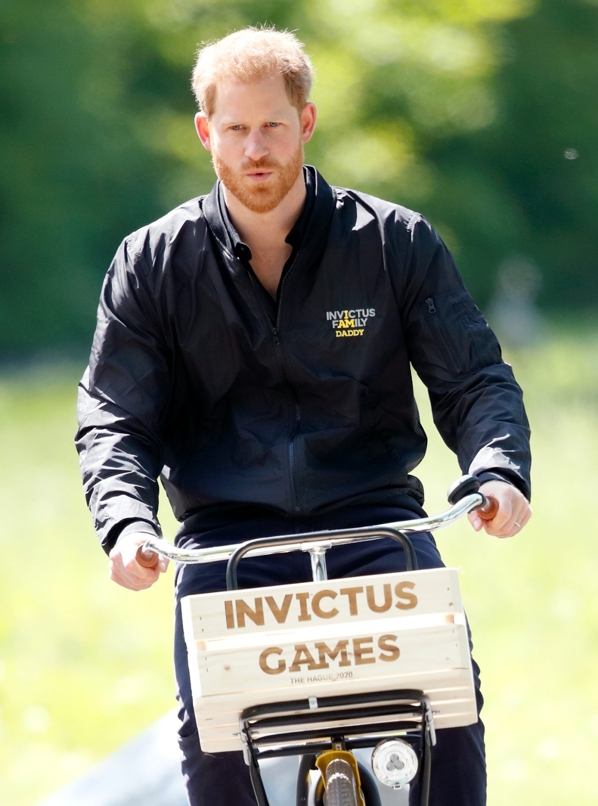Prince Harry rides a bicycle around Sportcampus Zuiderpark as part of a programme of events to mark the official launch of the Invictus Games The Hague 2020