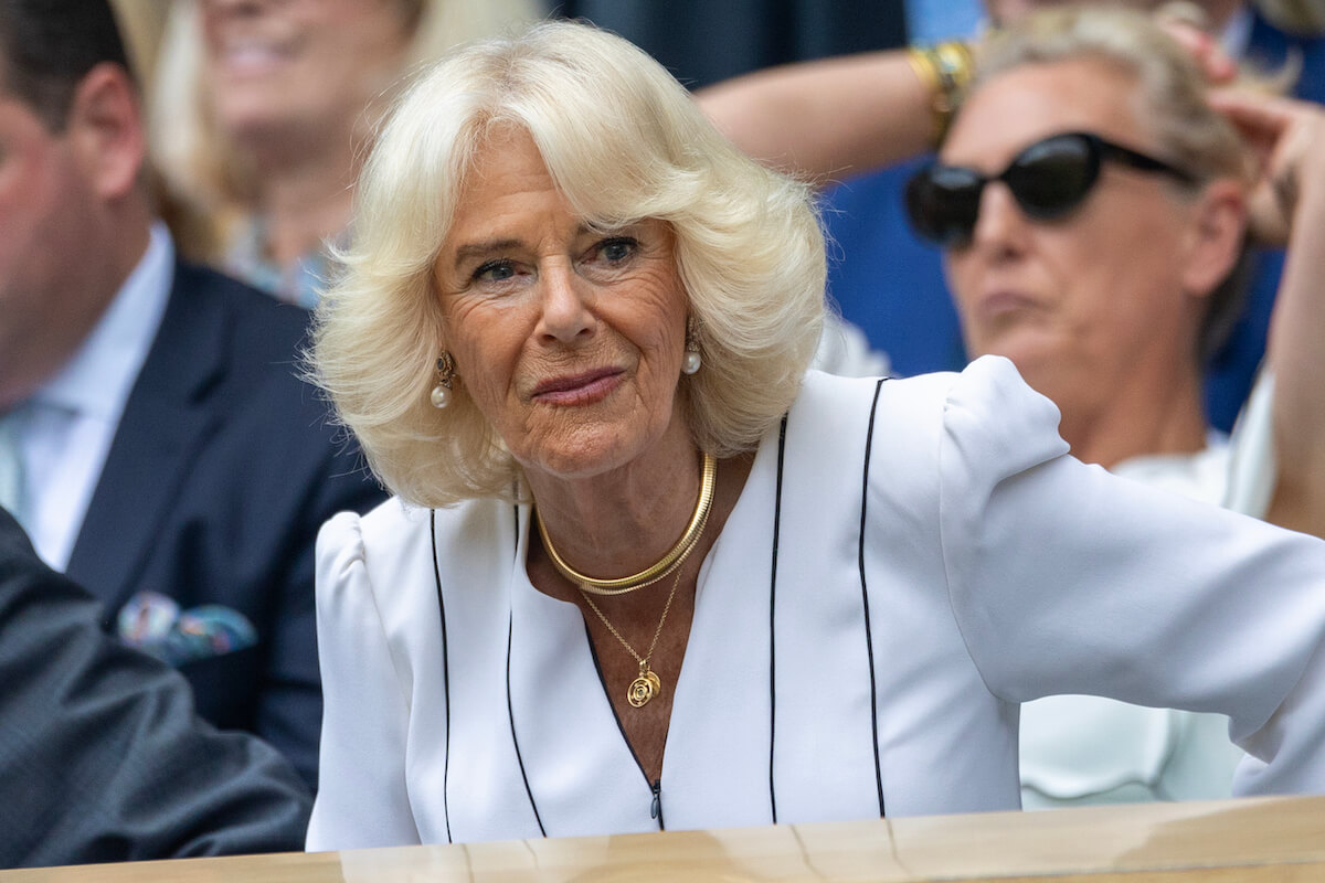 Queen Camilla, who attended Wimbledon on July 12, 2023, and made 'unusual' facial expressions without King Charles present, looks on