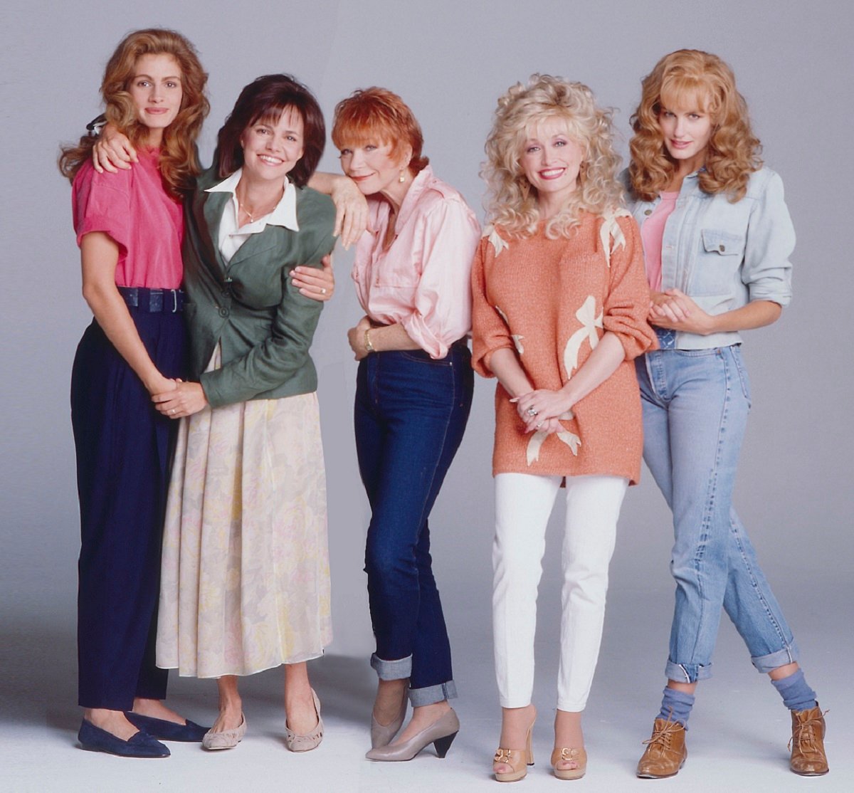 Julia Roberts, Sally Field, Shirley MacClaine, Dolly Parton and Daryl Hannah pose together for promotional photos for the 1989 blockbuster 'Steel Magnolias'