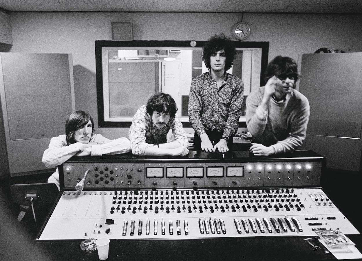 Pink Floyd members Roger Waters, Nick Mason, Syd Barrett, and Rick Wright in the recording studio.
