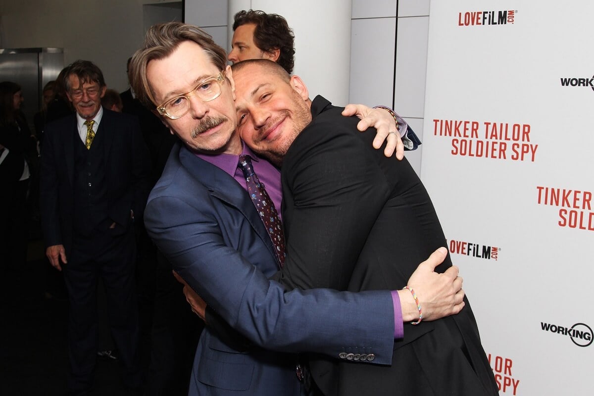 Tom Hardy and Gary Oldman hugging at the UK premiere of Tinker, Tailor, Soldier, Spy.