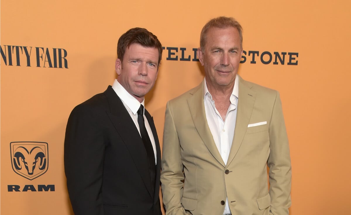Taylor Sheridan and Kevin Costner attend the premiere of Paramount Pictures' "Yellowstone" at Paramount Studios on June 11, 2018 in Hollywood, California