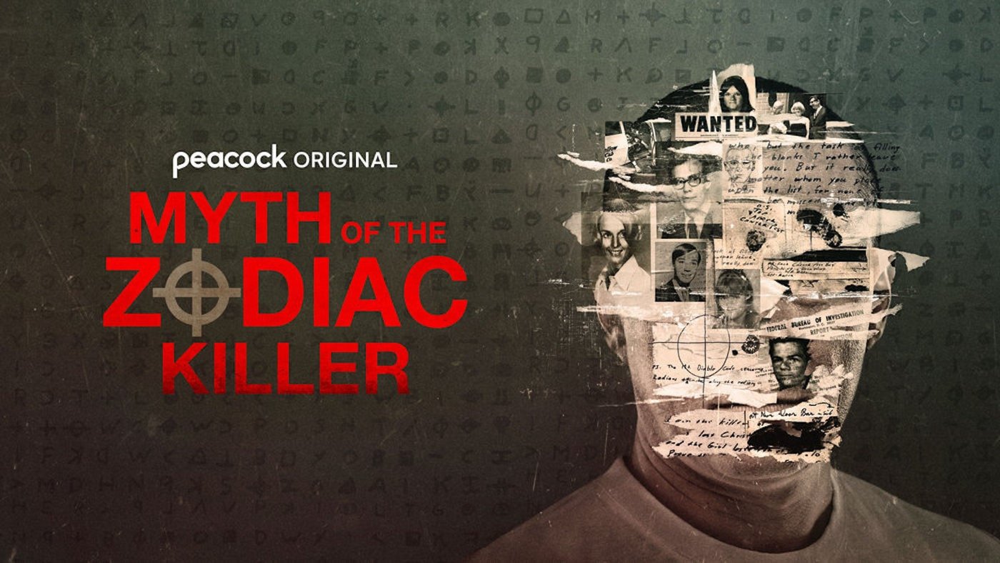 Myth of the Zodiac Killer Key Art man's face covered with pieces of old photos and letters