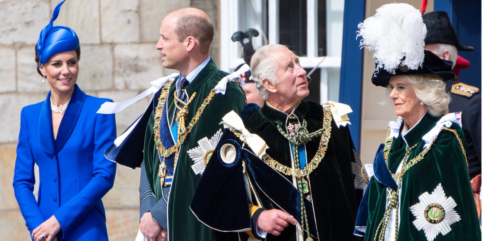 Catherine, Princess of Wales, Prince William, Prince of Wales, known as the Duke and Duchess of Rothesay while in Scotland, King Charles III and Queen Camilla watch the Red Arrows flypast at Holyroodhouse following a National Service of Thanksgiving and Dedication to the coronation of King Charles III and Queen Camilla at St Giles' Cathedral on July 5, 2023 in Edinburgh, Scotland.