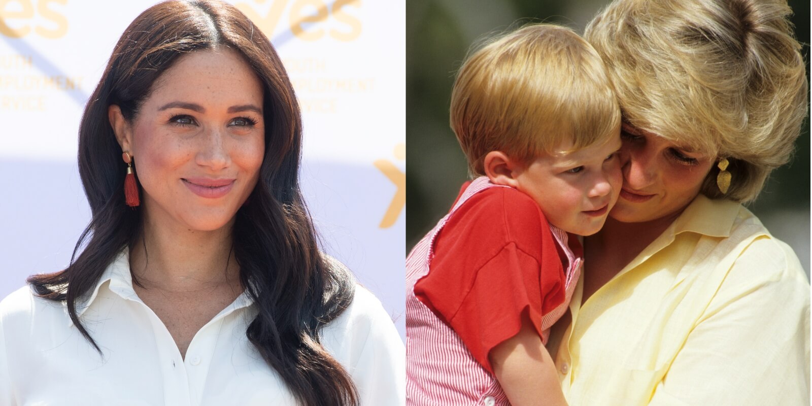 Meghan Markle, Prince Harry and Princess Diana in side by side photographs.