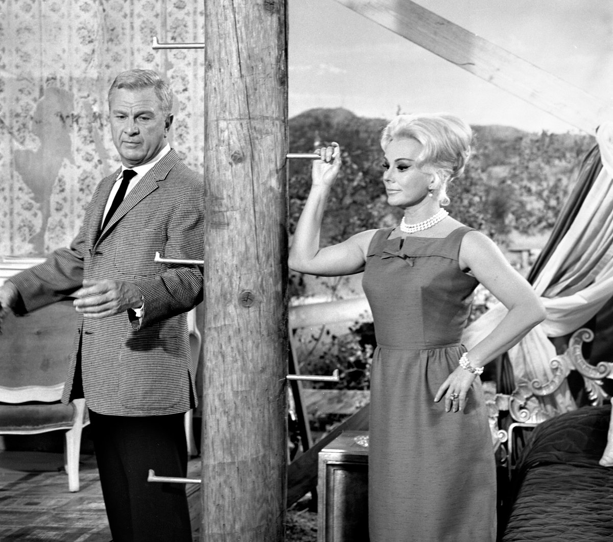 Eddie Albert and Eva Gabor pose together on set of 'Green Acres'