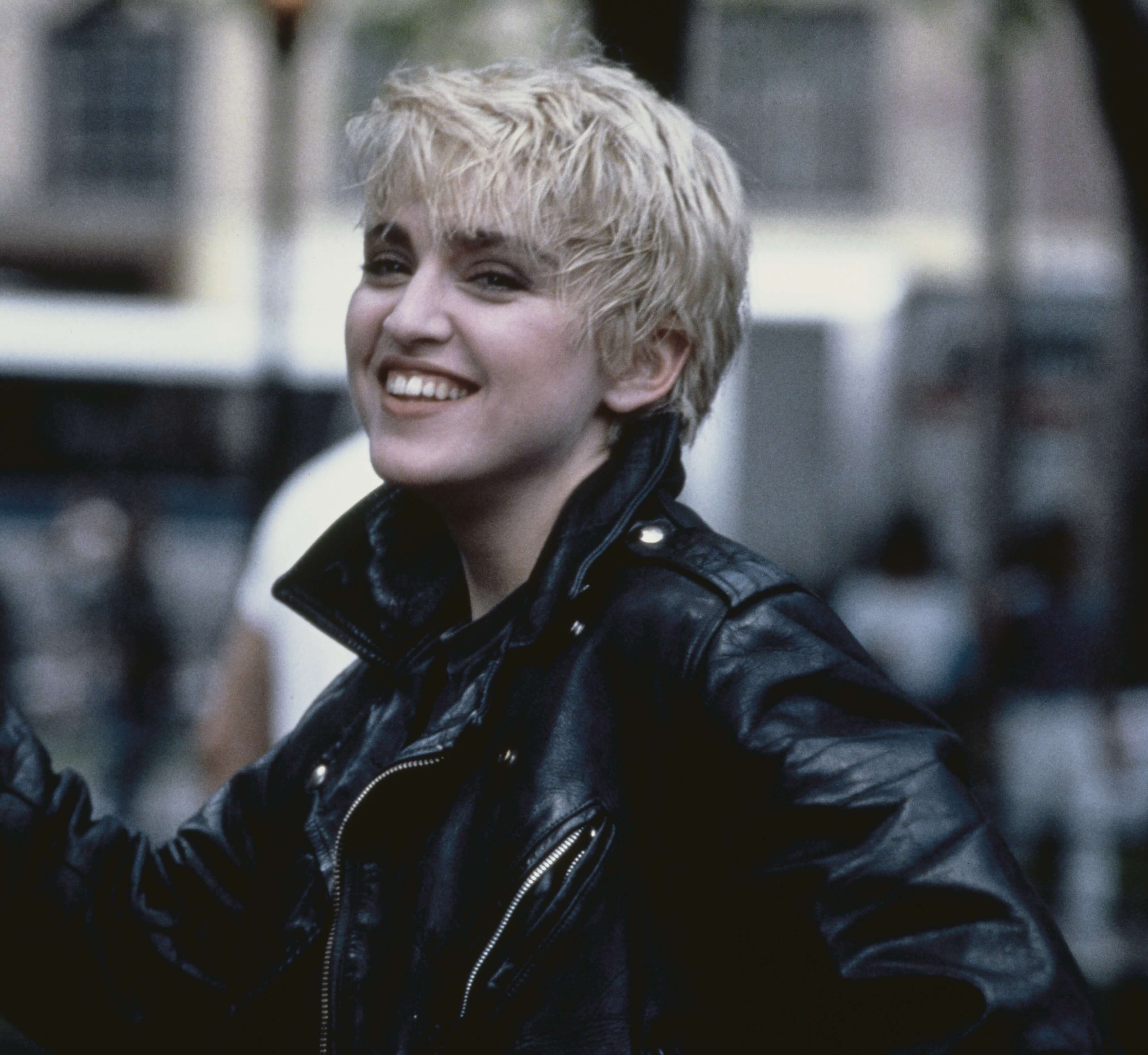 "Papa Don't Preach" singer Madonna in a leather jacket