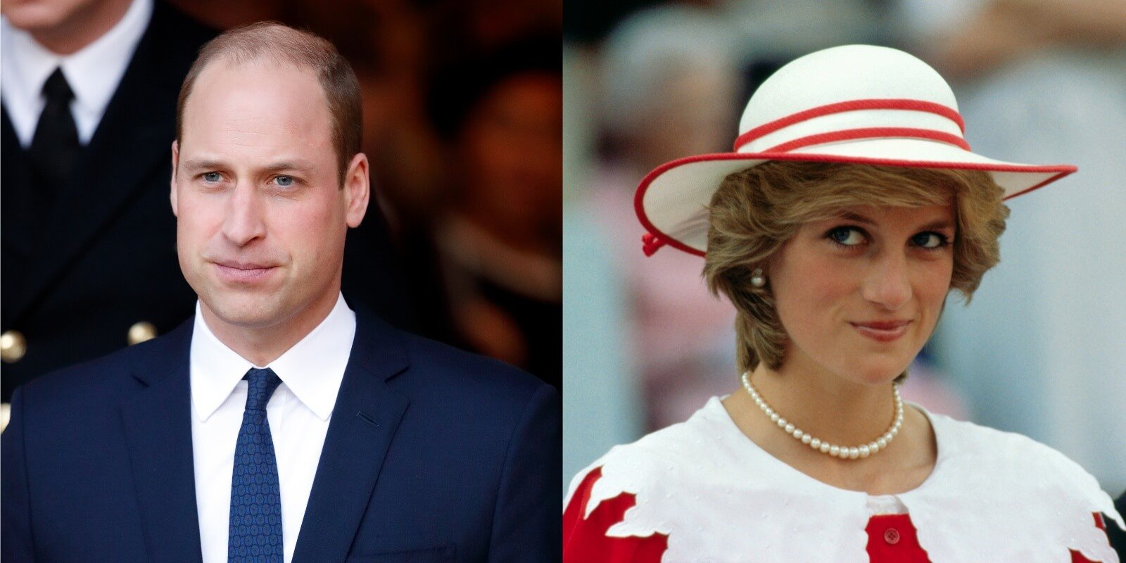 Side by side photos of Prince William and Princess Diana.
