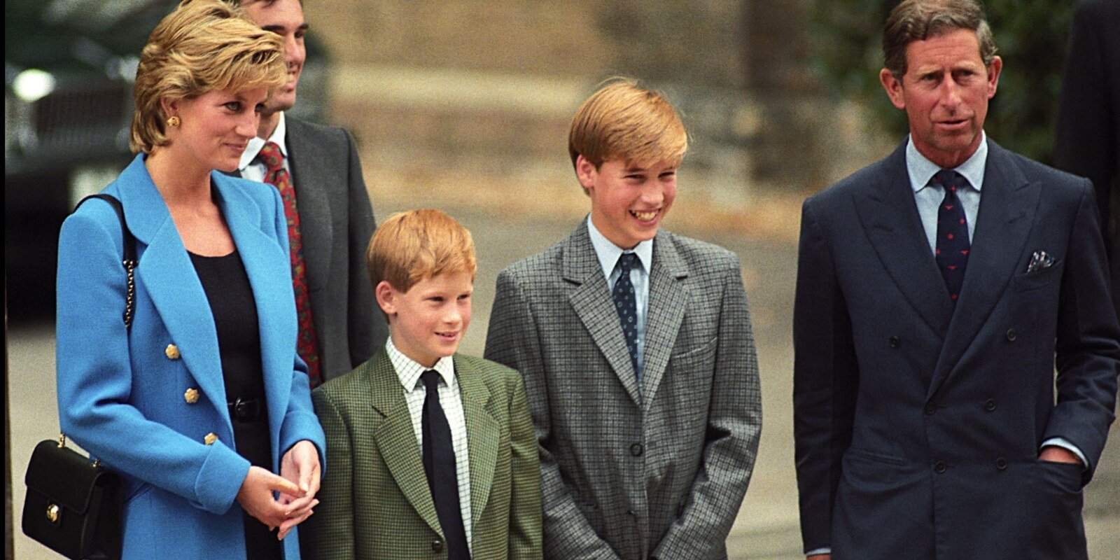 Princess Diana, Prince Harry, Prince William and then-Prince Charles on William's first day at Eton College.