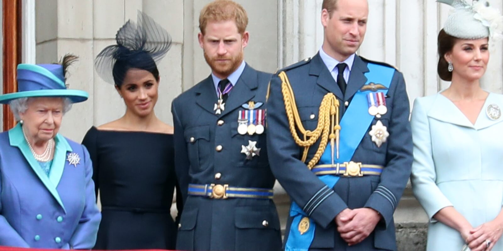 Queen Elizabeth, Meghan Markle, Prince Harry, Prince William and Kate Middleton pose on the Buckingham Palace balcony in June 2018.
