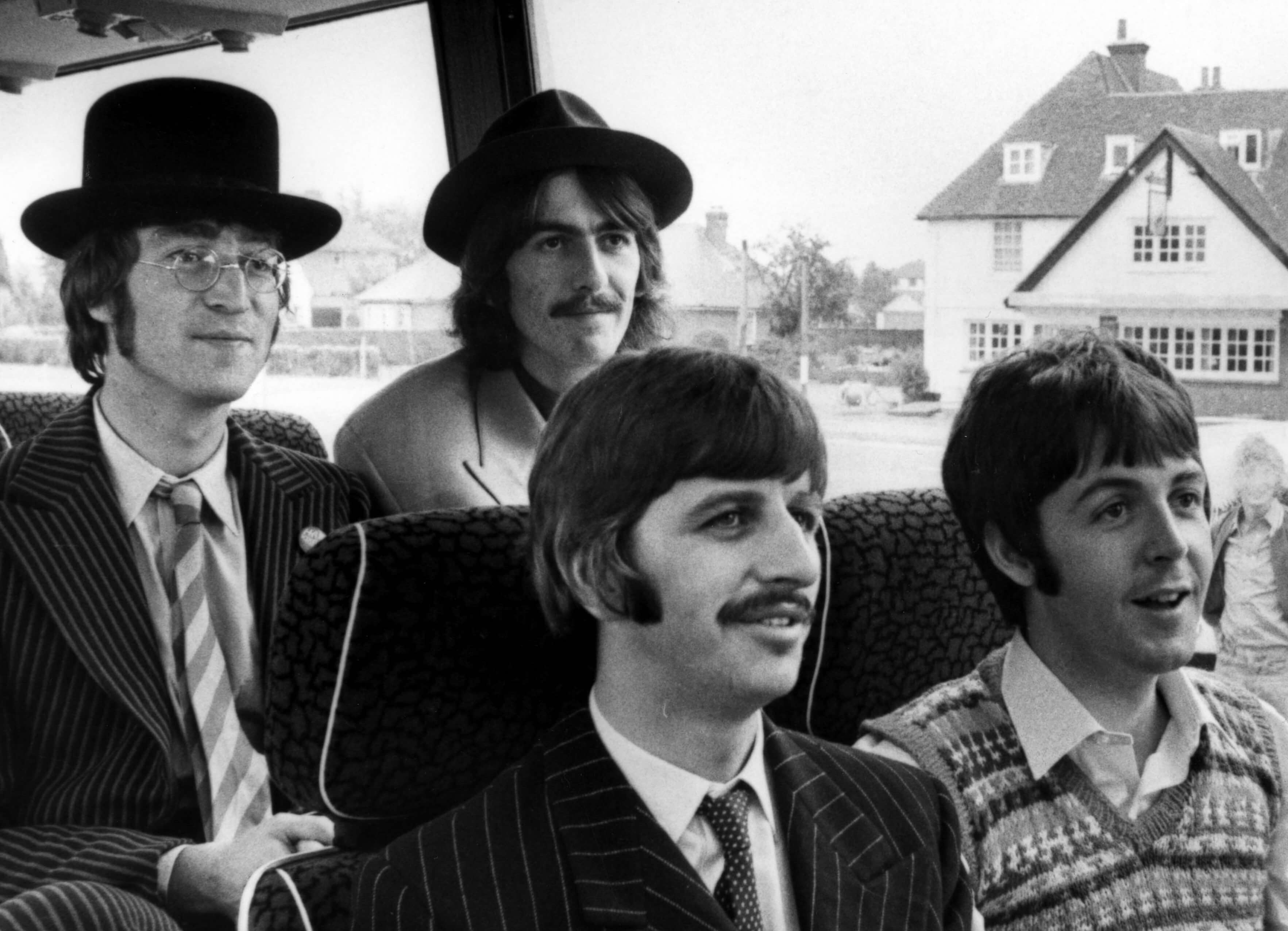 The stars of The Beatles' 'Magical Mystery Tour' in black-and-white