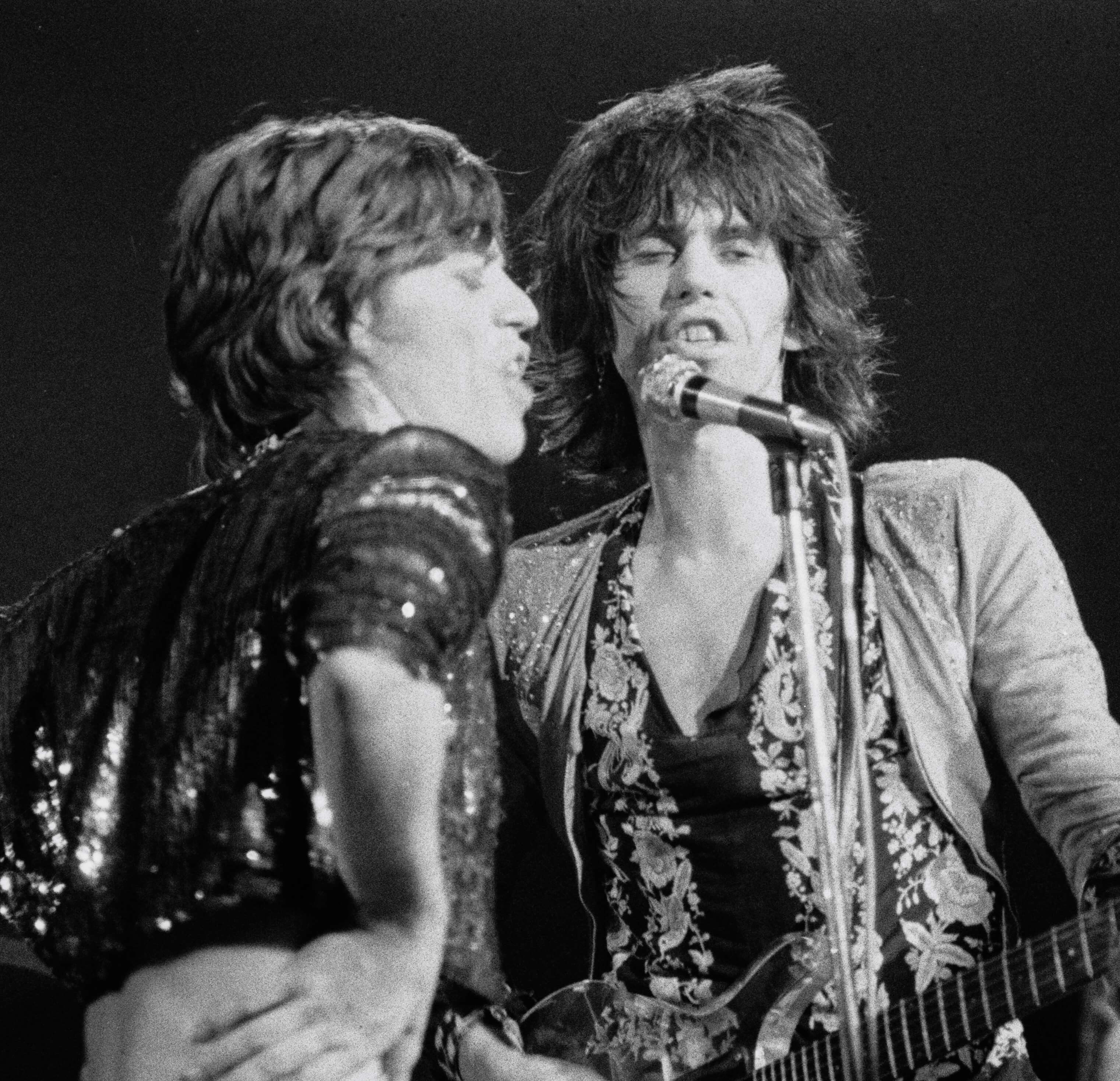 The Rolling Stones' Mick Jagger and Keith Richards in black-and-white