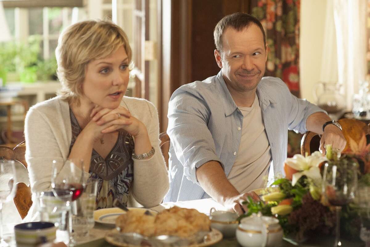 Linda (Amy Carlson) and Danny (Donnie Wahlberg) chat during an episode of 'Blue Bloods'. Amy Carlson's character was killed off in seaosn 7; she did not return to the 'Blue Bloods' cast.
