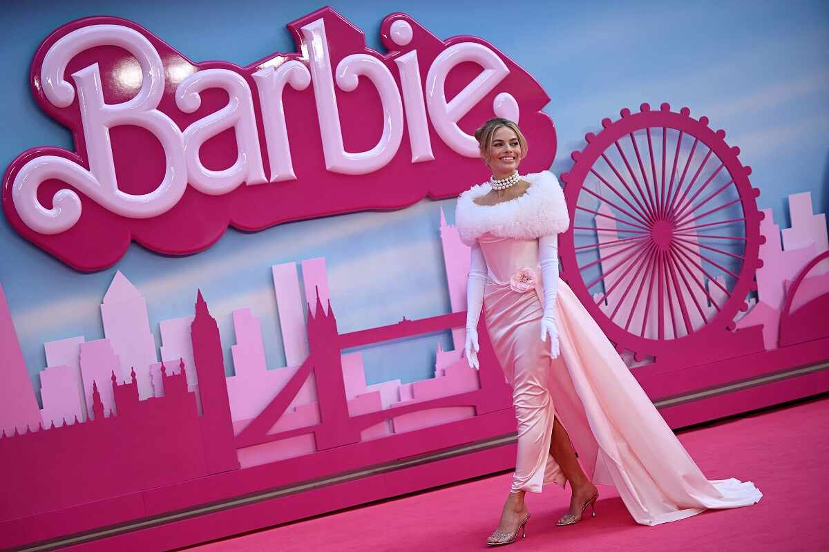 Margot Robbie poses on the pink carpet upon arrival for the European premiere of "Barbie" in central London on July 12, 2023.