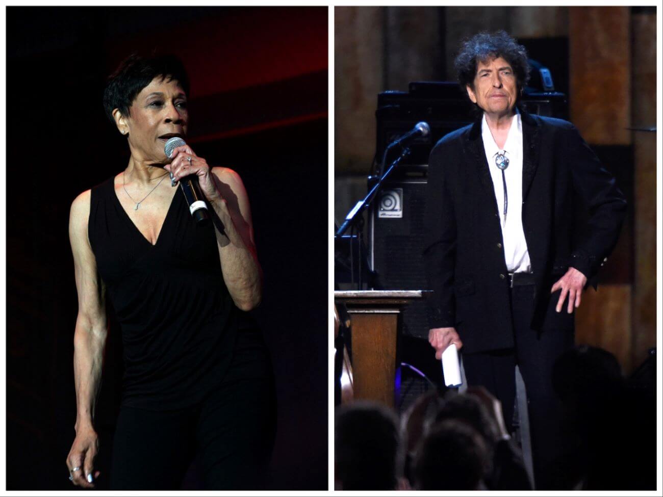 Bettye LaVette wears a black dress and sings into a microphone. Bob Dylan stands on a stage wearing a suit. He rests his hand on his hip.