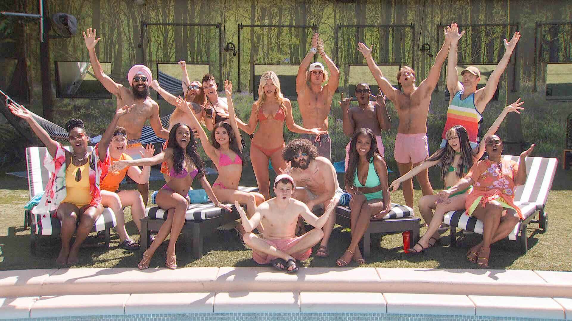 'Big Brother' Season 25 houseguests posing outside in their swimsuits with their arms up