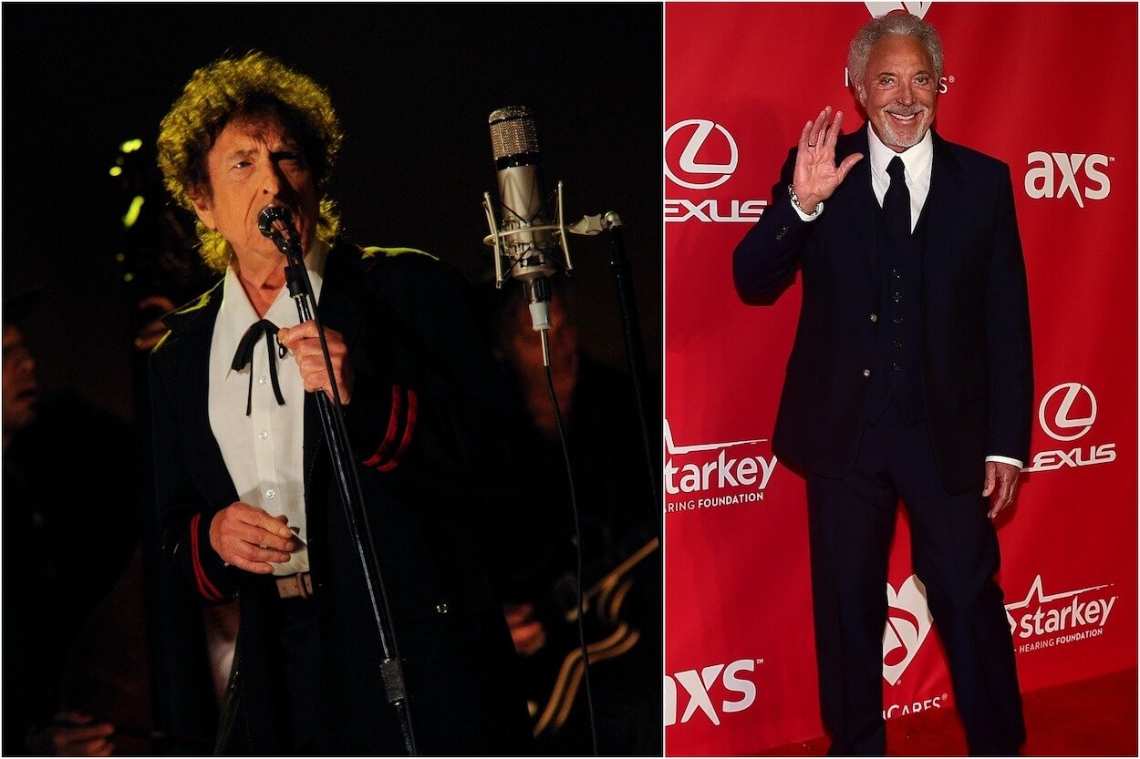 Bob Dylan singing into a microphone in 2015; Tom Jones waving to the camera at a 2015 event.