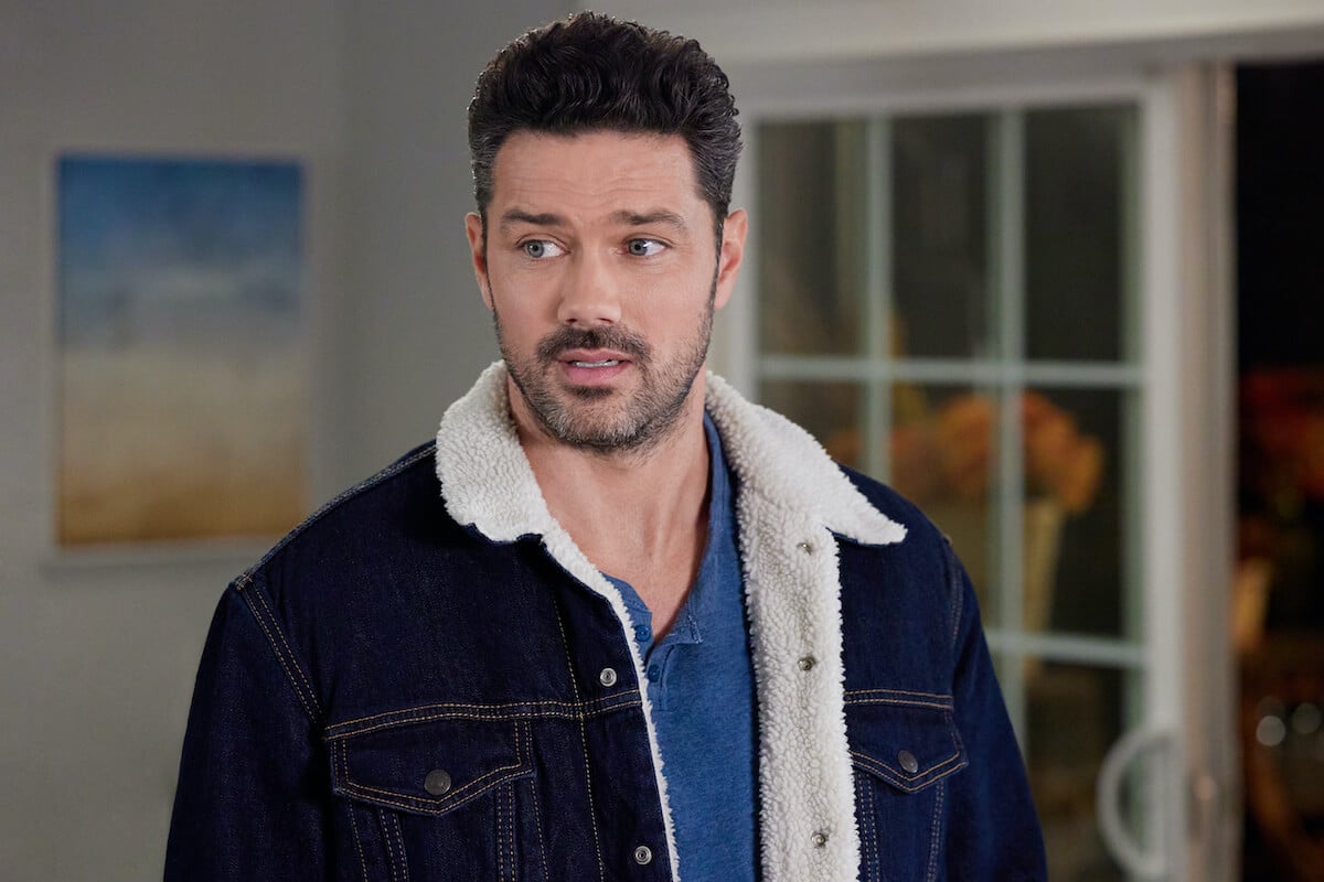 Ryan Paevey wearing a shearling jacket in 'Fourth Down and Love'