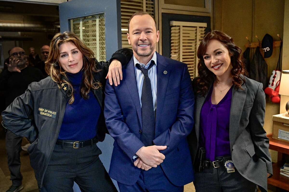 Jennifer Esposito, Donny Wahlberg and Marissa Ramirez are seen on the set of 'Blue Bloods' season 13.