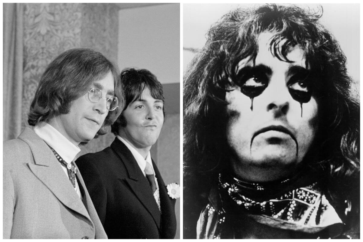 A black and white picture of John Lennon and Paul McCartney standing in front of a curtain wearing suits. Alice Cooper wears dark makeup in circles around his eyes and in a line at the corners of his mouth.