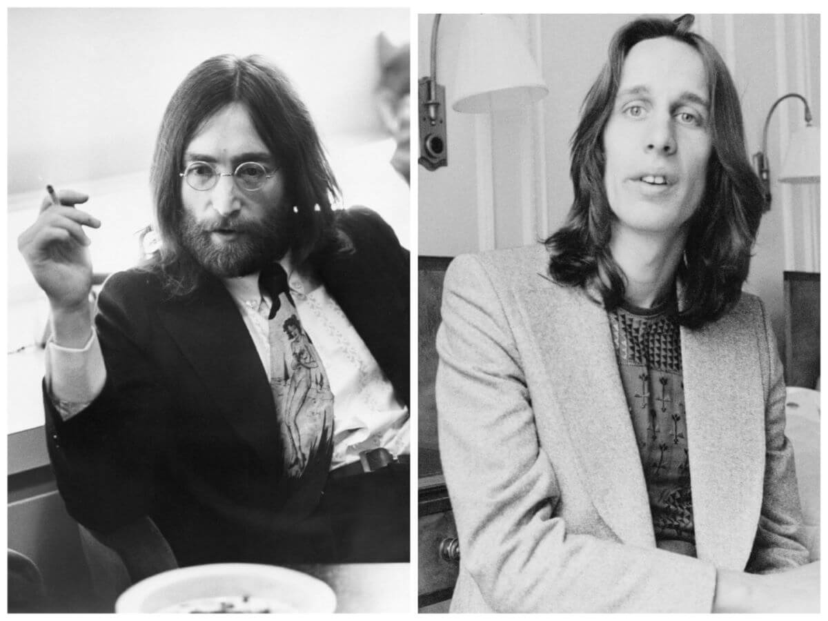 A black and white picture of John Lennon sitting wearing a suit and glasses and holding a cigarette. Todd Rundgren wears a suit and sits at a desk.