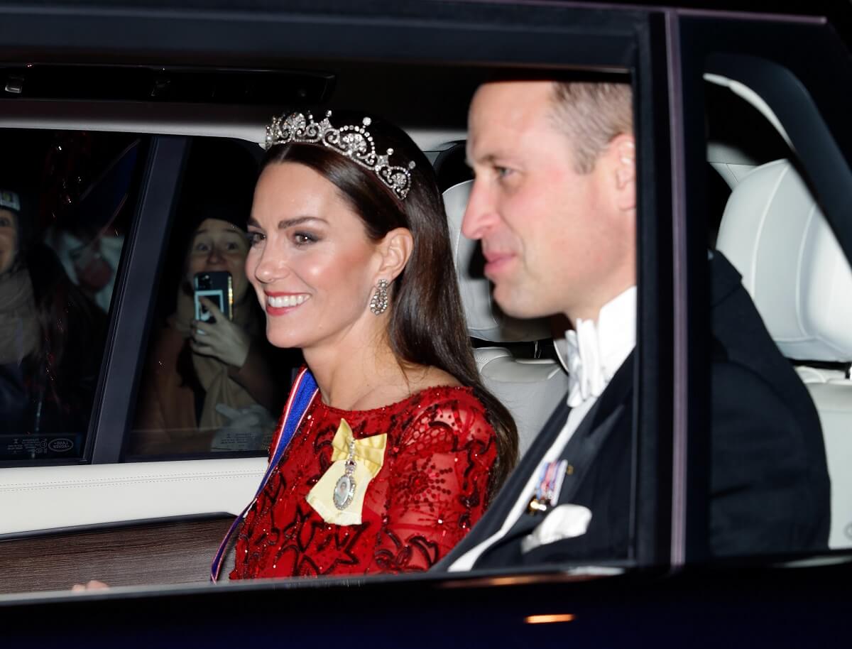Kate Middleton and Prince William, who was seen being intimate with his wife in a vehicle after their wedding, depart in car after attending the annual Reception for Members of the Diplomatic Corps
