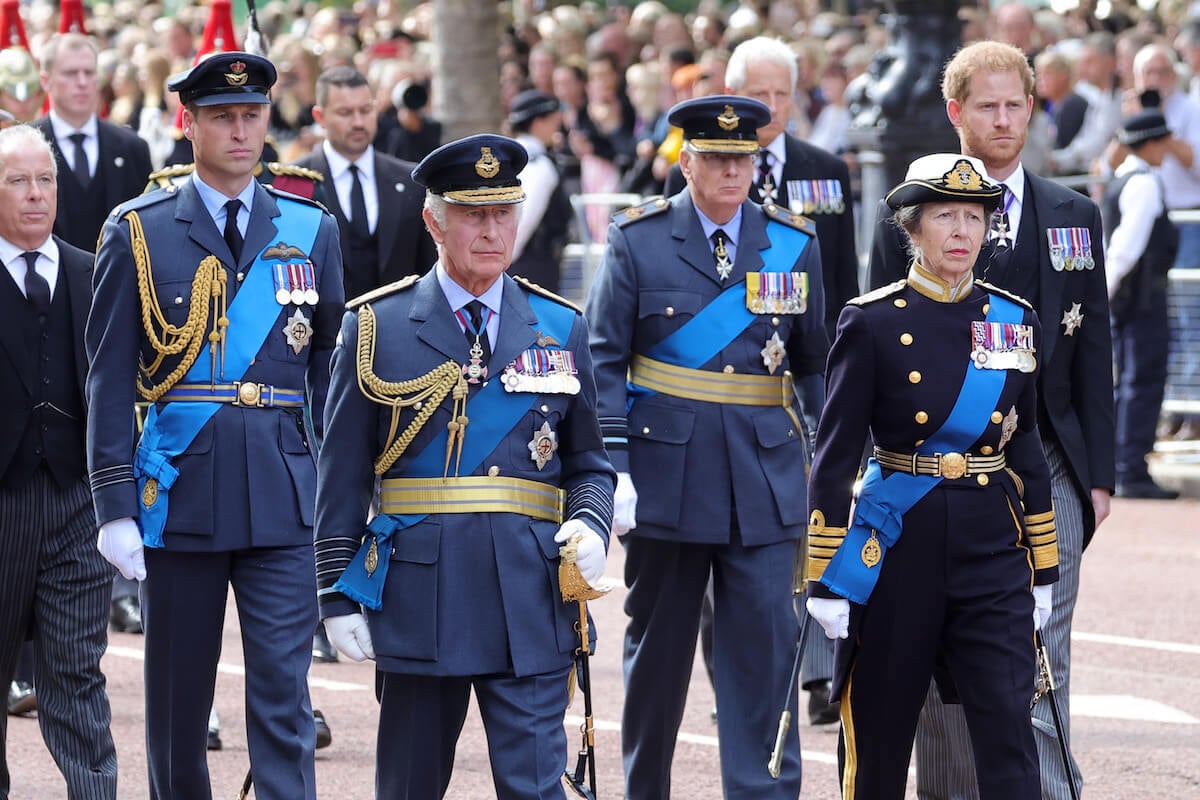 King Charles III, who reportedly has one 'peace talks' request that Prince Harry not air family drama, walks with his sons and Princess Anne
