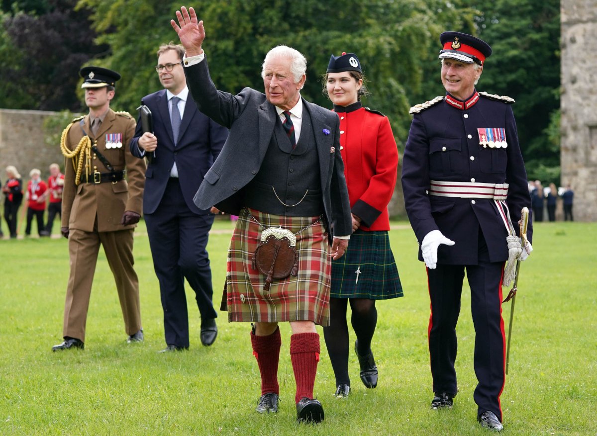 Britain's King Charles III (C), wearing a kilt, visits Kinneil House in Edinburgh, Scotland on July 3, 2023, marking the first Holyrood Week since his coronation