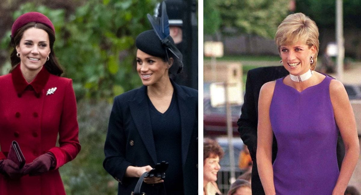 (L) Kate Middleton and Meghan Markle, whose comments about their Princess Diana are going viral, attend church, (R) Princess Diana attending a gala in Chicago