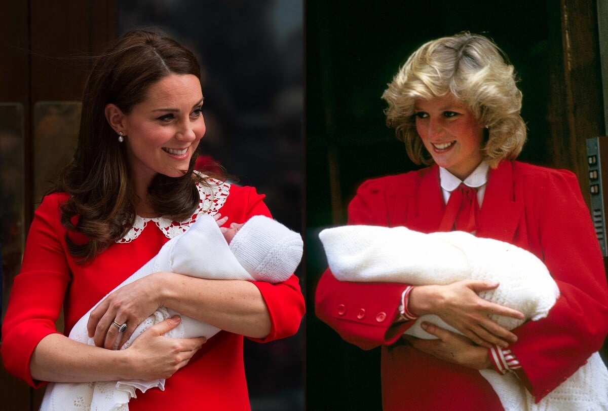 (L) Kate Middleton holding Prince Louis while in a red dress outside the Lindo Wing of St. Mary Hospital, (R) Princess Diana holding Prince Harry in a red dress as she stands outside the Lindo Wing of St. Mary Hospital
