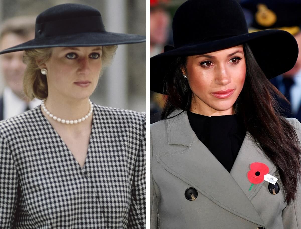 (L): Princess Diana at a memorial (circa 1989), (R): Meghan Markle at a memorial (circa 2018)