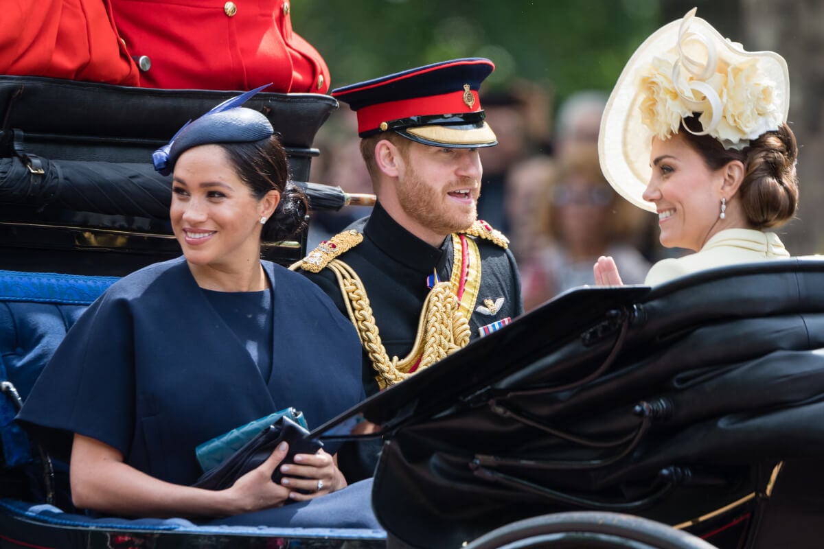 Prince Harry, Duke of Sussex. Meghan Markle, Duchess of Sussex and Catherine, Duchess of Cambridge ride by carriage down the Mall during Trooping The Colour, the Queen's annual birthday parade, on June 08, 2019 in London, England