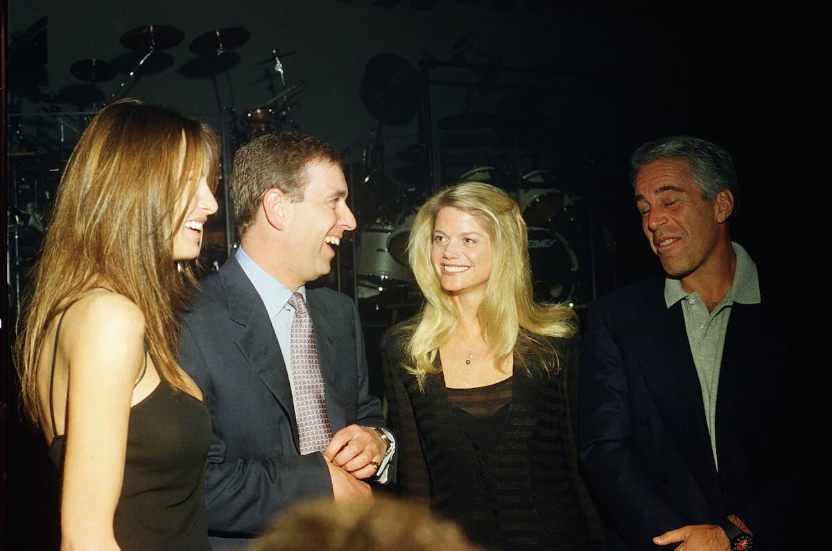 Melanie Trump, Prince Andrew, Gwendolyn Beck, and Jeffrey Epstein talking at a party in 2000
