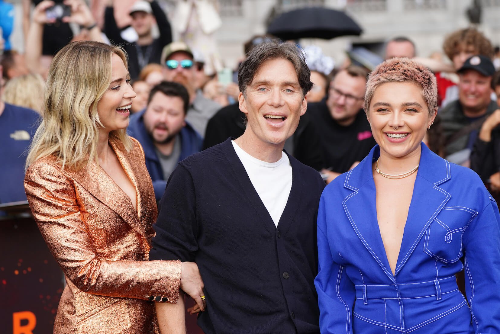 'Oppenheimer' cast members Emily Blunt, Cillian Murphy, and Florence Pugh having fun at the premiere 