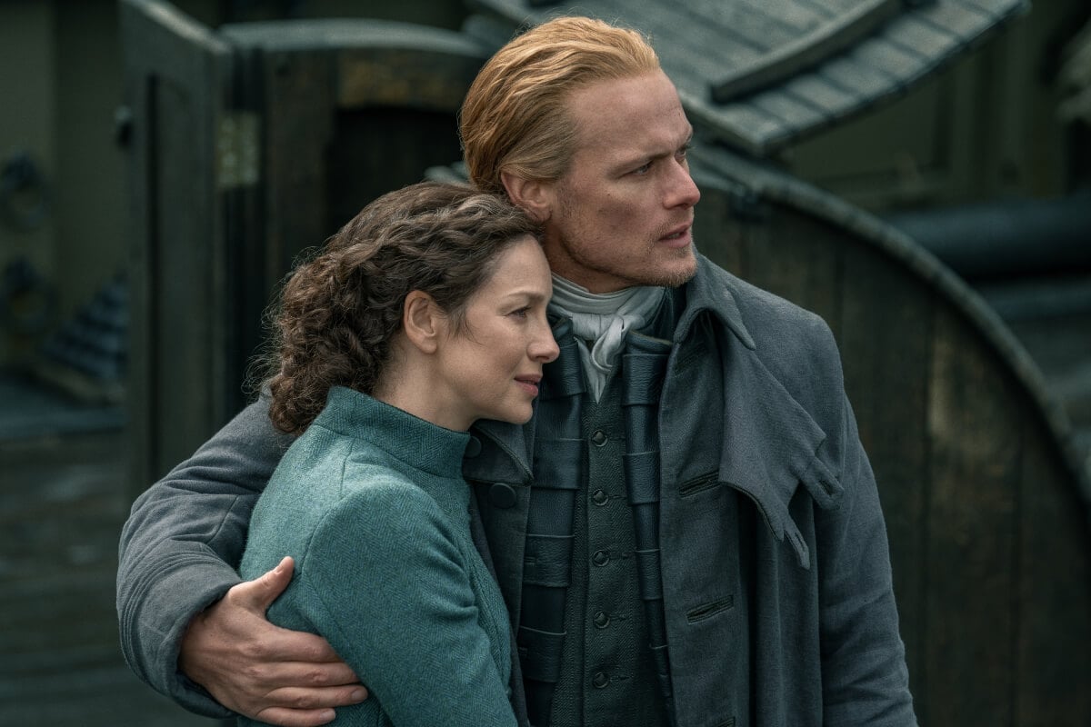'Outlander' stars Sam Heughan and Caitriona Balfe as Jamie and Claire fraser in an image from season 7