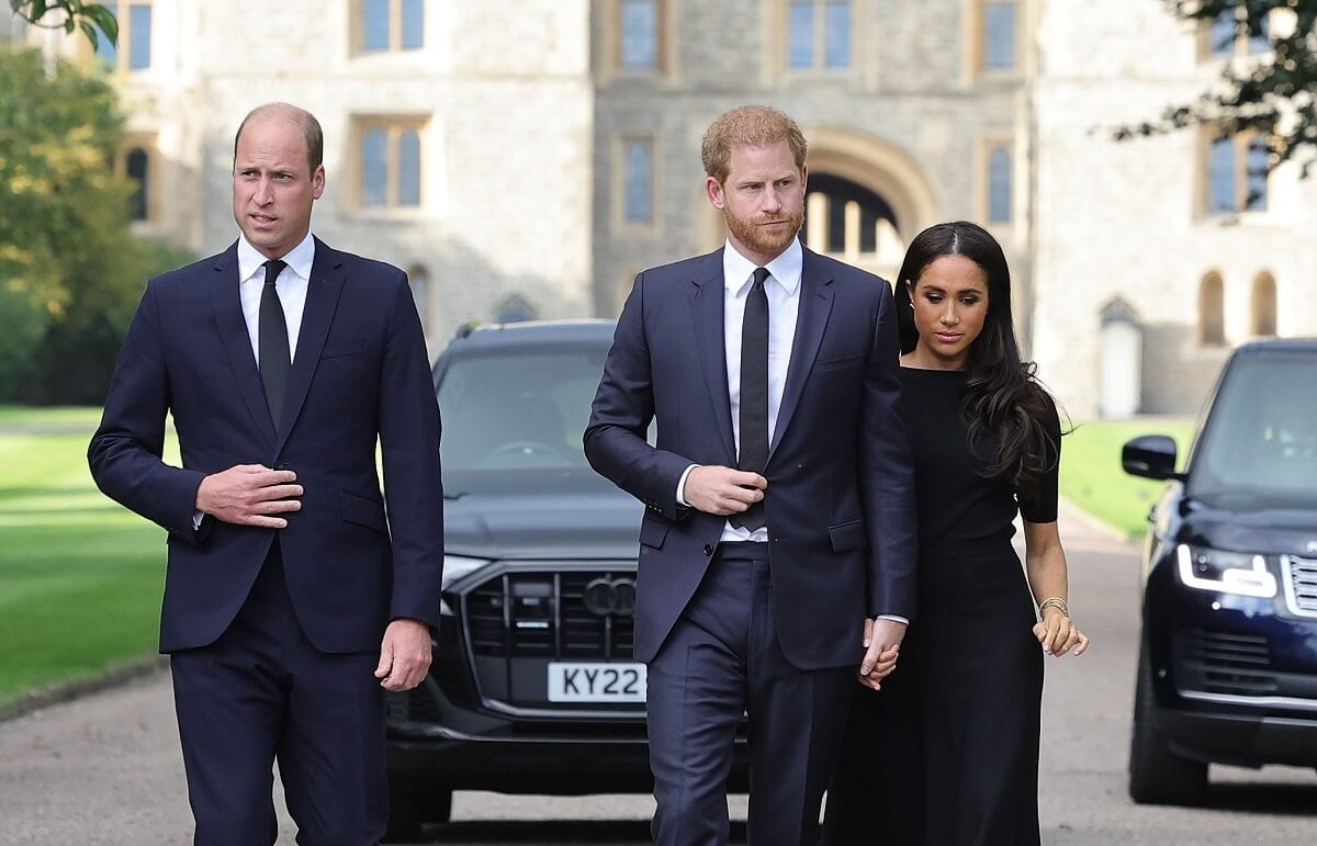 Prince William and Prince Harry, who had a blowout over and Meghan Markle that led to canceling summer trip, arrive at Windsor Castle to view tributes to Queen Elizabeth