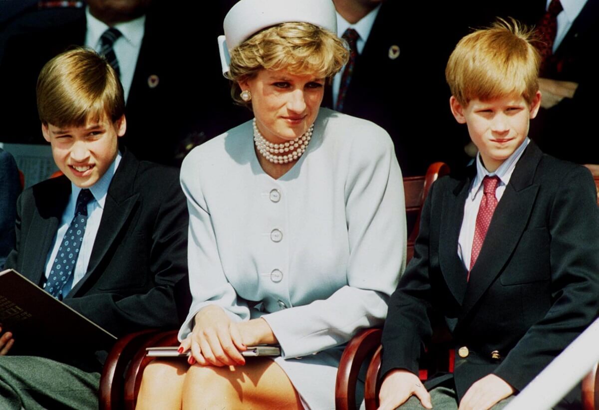 Princess Diana sitting with her sons Prince William and Prince Harry, who have shared some heartbreaking quotes about their mother, attend the Heads of State VE Remembrance Service