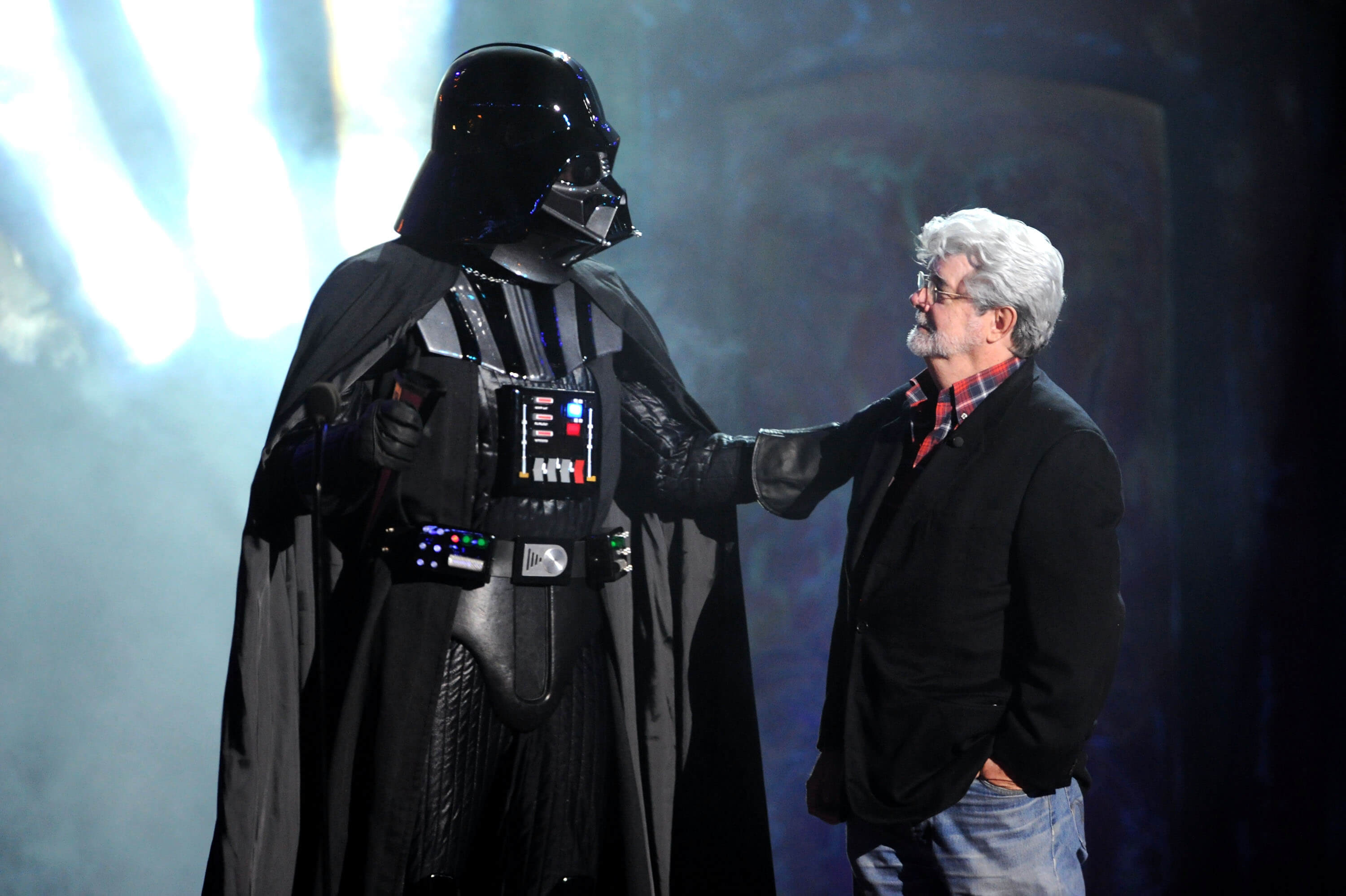 Star Wars director George Lucas (R) and Darth Vader onstage during Spike TV's "Scream 2011" at Universal Studios on October 15, 2011 in Universal City, California