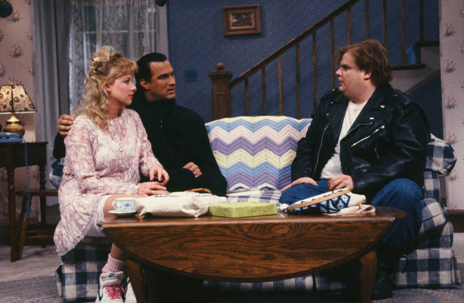Victoria Jackson as Jennifer, Steven Seagal as Mr. Novack, Chris Farley as Doug in 'Saturday Night Live' in 1991