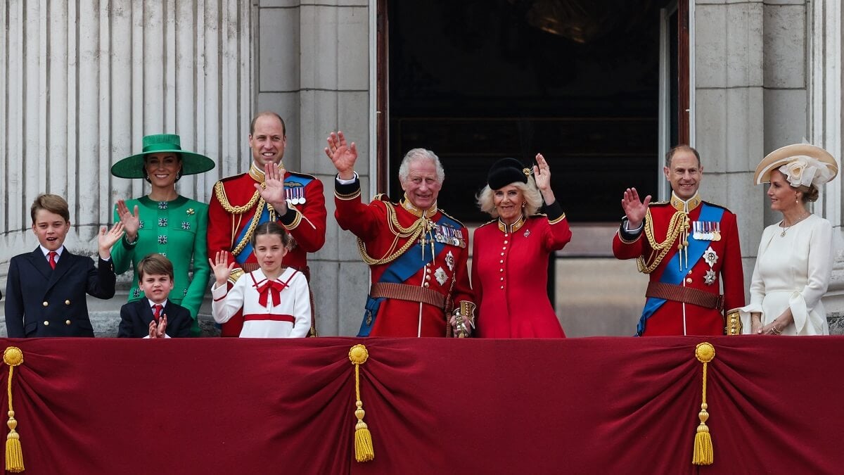 The royal family waving from the balcony of Buckingham Palace following the 2023 Trooping the Color