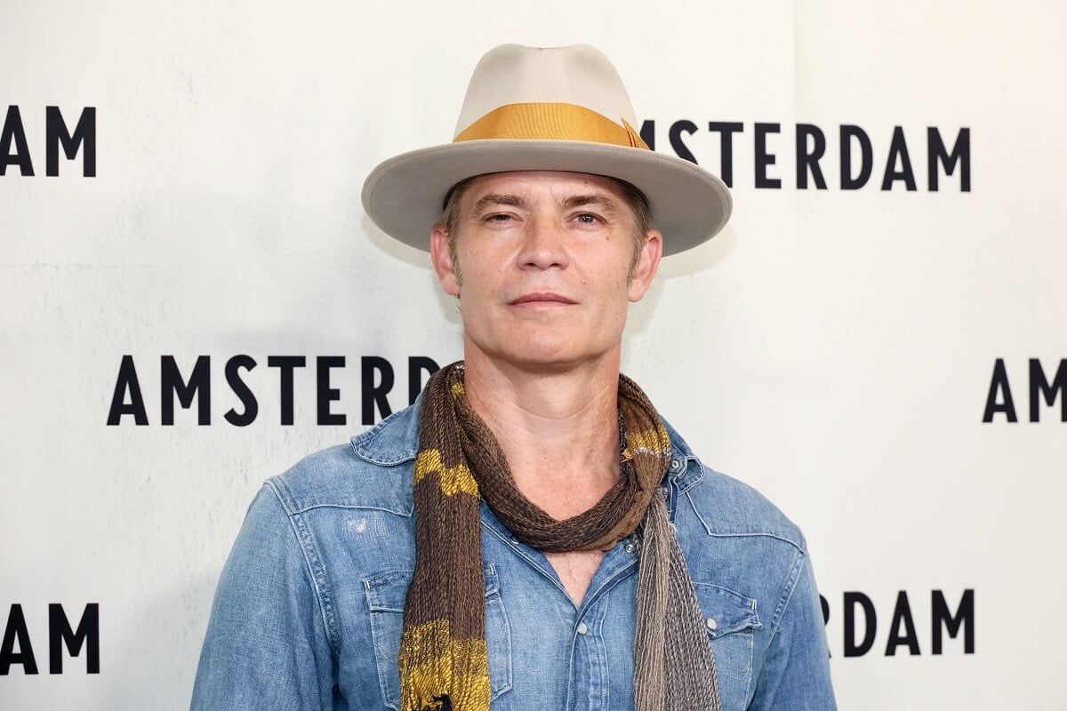 Timothy Olyphant wearing a hat and a blue jacket at the premiere of 'Amsterdam'.