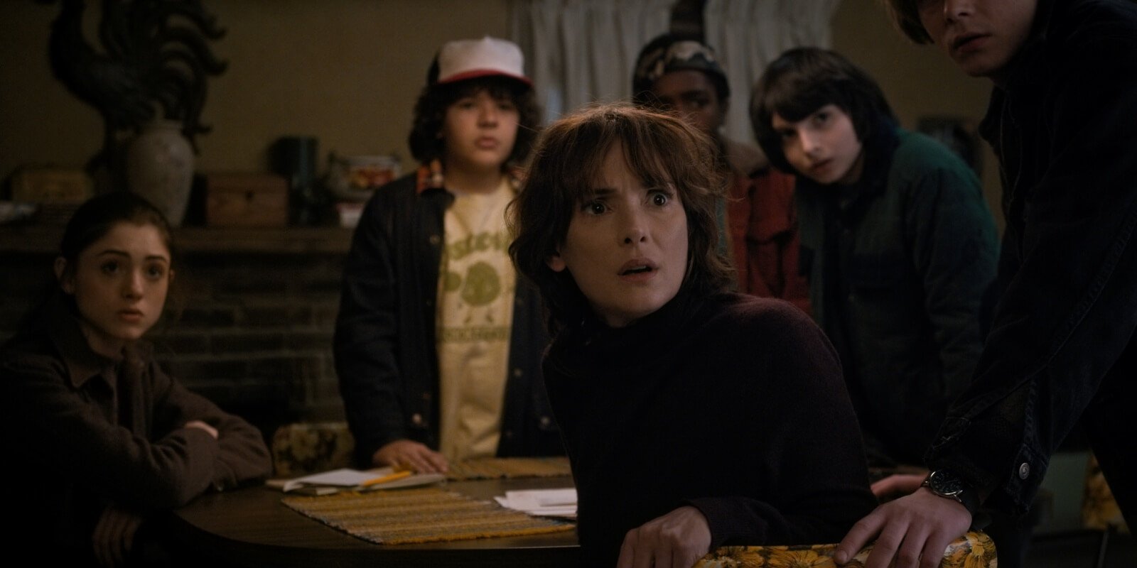 Winona Ryder, Finn Wolfhard, Gaten Matarazzo, Caleb McLaughlin, Natalia Dyer, Charlie Heaton on the set of 'Stranger Things' season 4.