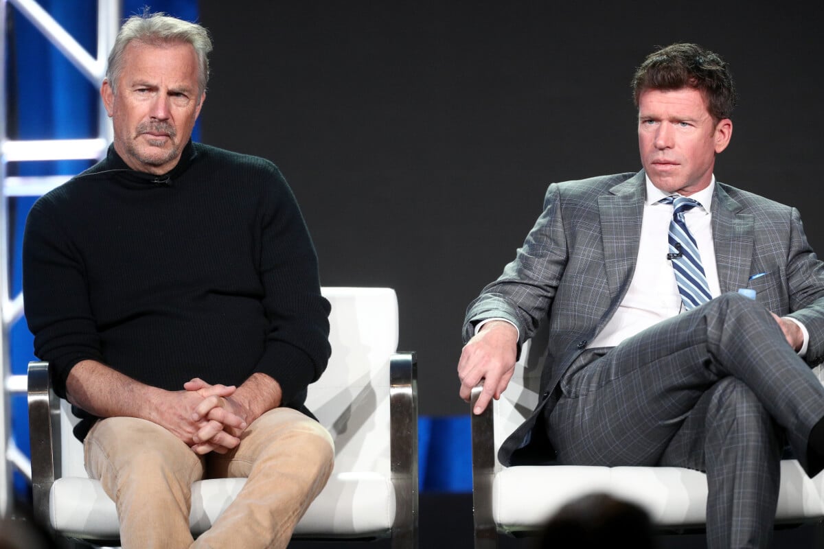 Kevin Costner (L) and producer/writer Taylor Sheridan of 'Yellowstone' speak onstage during the Paramount Network portion of the 2018 Winter Television Critics Association Press Tour