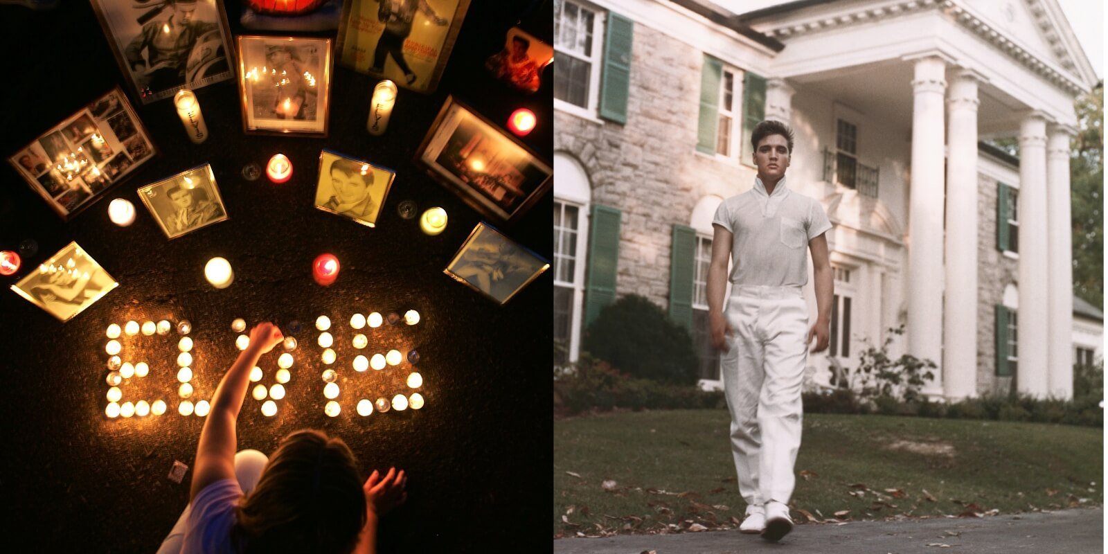 Side-by-side photos of Graceland's candlelight vigil and Elvis Presley outside his Memphis, TN home.