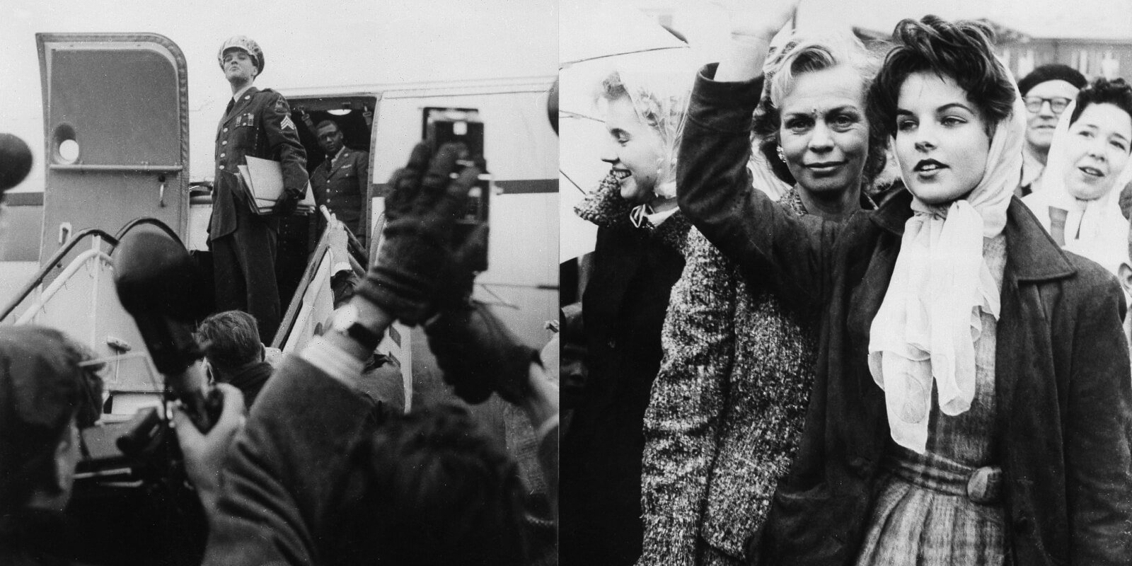 Side-by-side photographs of Elvis and Priscilla Presley as he left Germany for the United States in 1960.