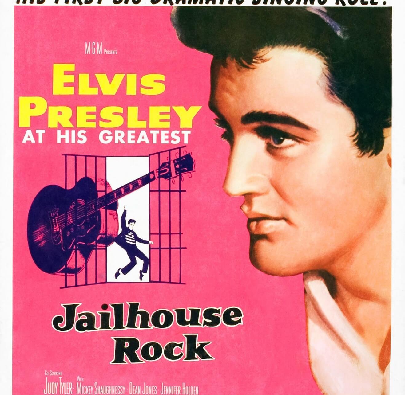 A pink poster for Elvis Presley's 'Jailhouse Rock'