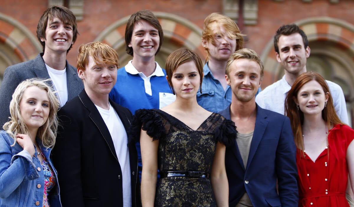 Evanna Lynch, James Phelps, Rupert Grint, Oliver Phelps, Emma Watson, Domhnall Gleeson and Tom Felton and Bonnie Wright arriving for Cocktails with the Cast of Harry Potter And The Deathly Hallows, Part 2, at St. Pancras Renaissance London Hotel